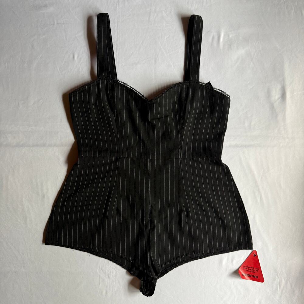 EGO Lace Trim Corseted Micro Mini Playsuit Black Pinstripe US 8/UK 12 NWT